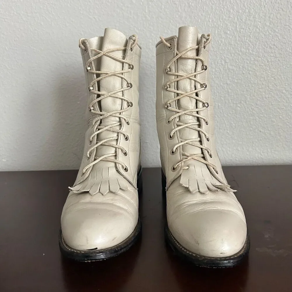 Justin L519 Vintage Kiltie Lace Up Roper Boots Womens Size 7 B Off White Leather